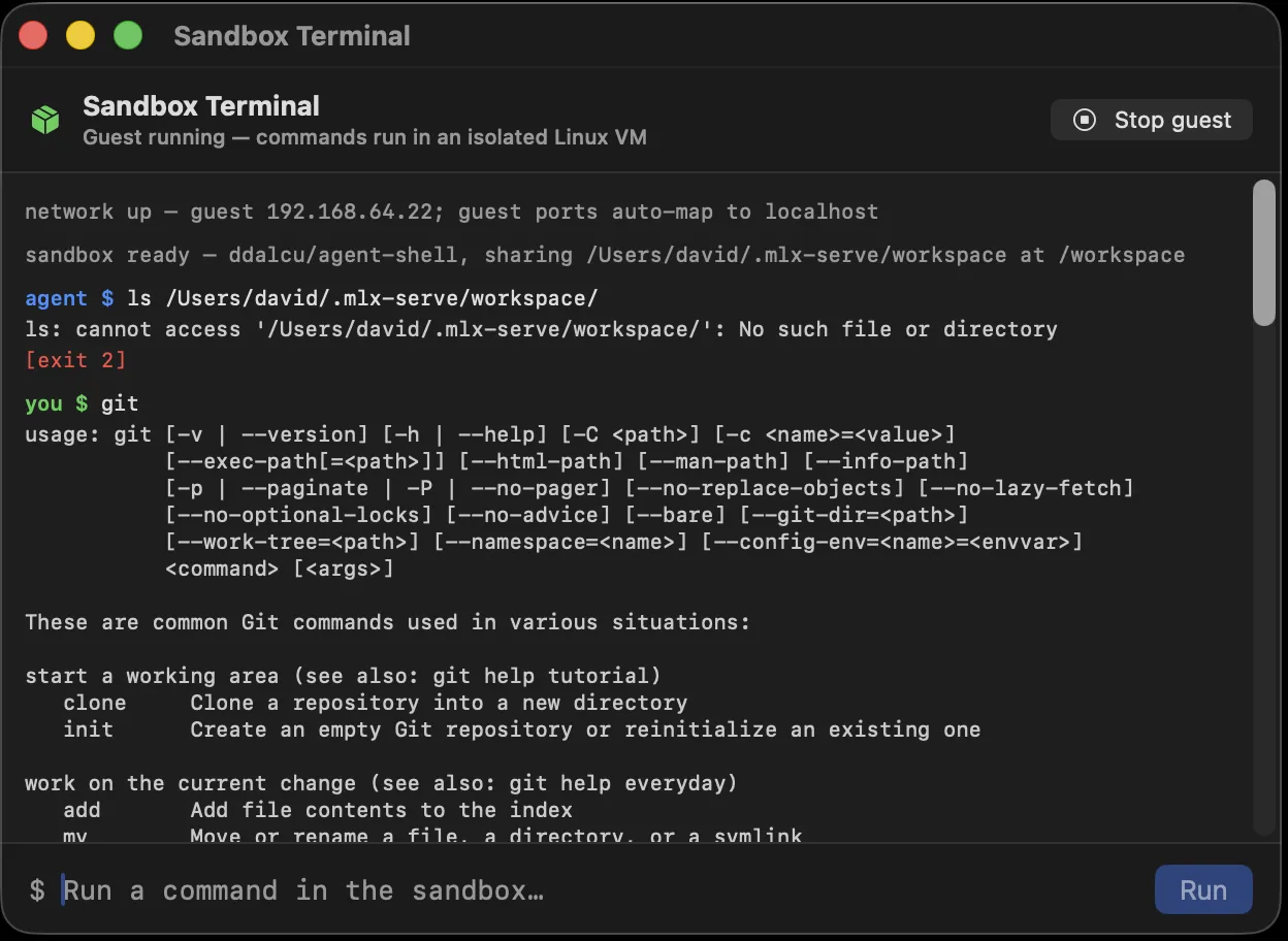 The sandbox indicator showing agent shell commands running isolated in a Linux VM