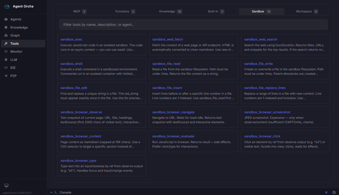Agent Orcha Tools — sandbox execution with shell, browser, and file operations